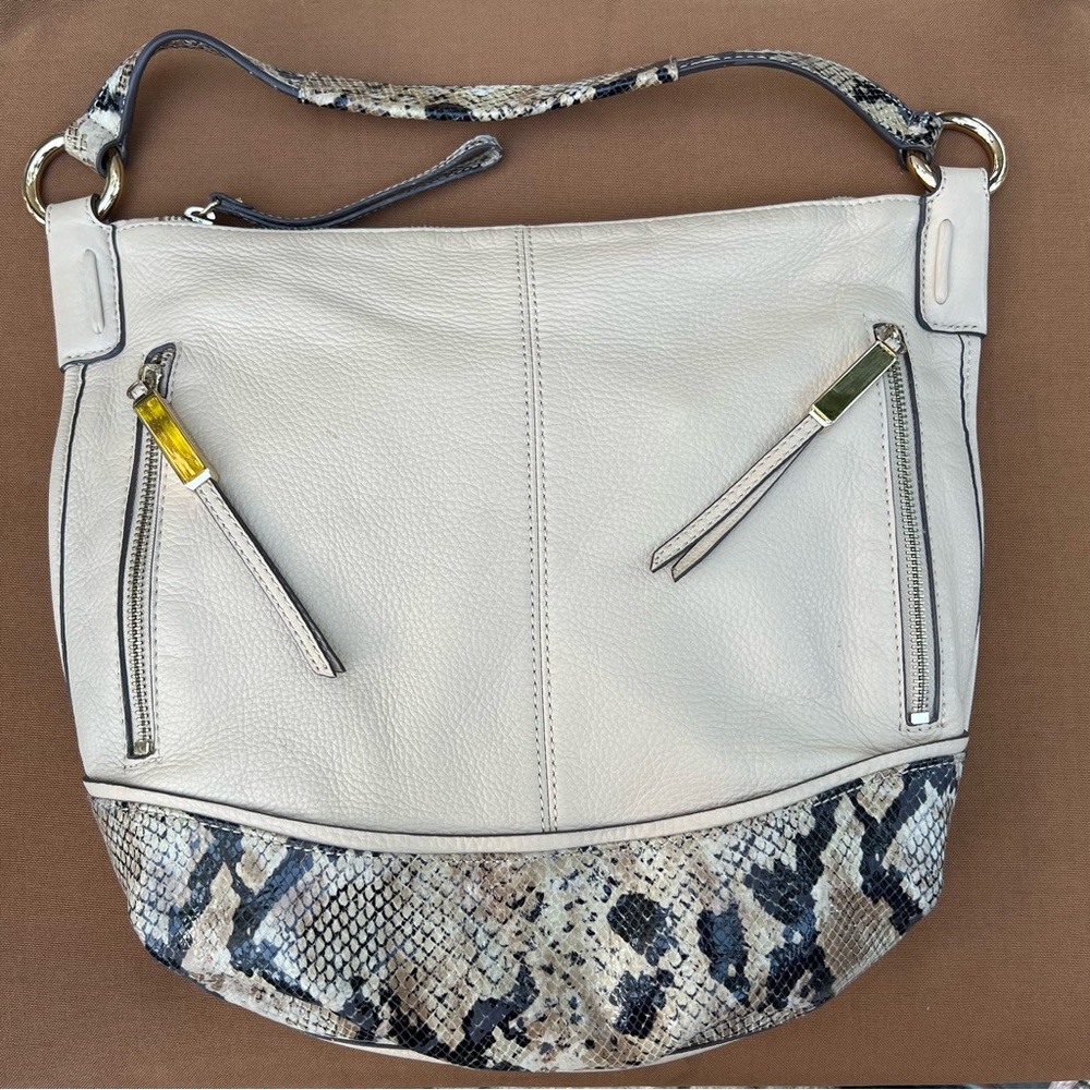 B Makowsky Soft Leather Stylish Cream & Snake Print Women's Bag